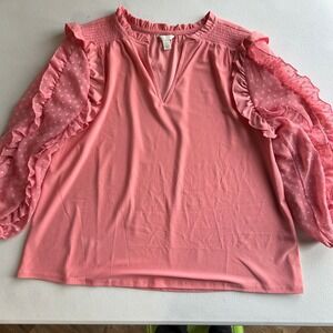 Cato Coral Pink Ruffle Swiss Dot Sleeve V-Neck Blouse Top Large